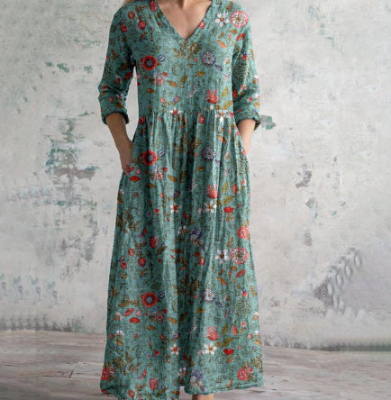 Damen Maxikleid Vintage Stil mit Blumenmuster – Bequemes Freizeitkleid mit Taschen und V-Ausschnitt