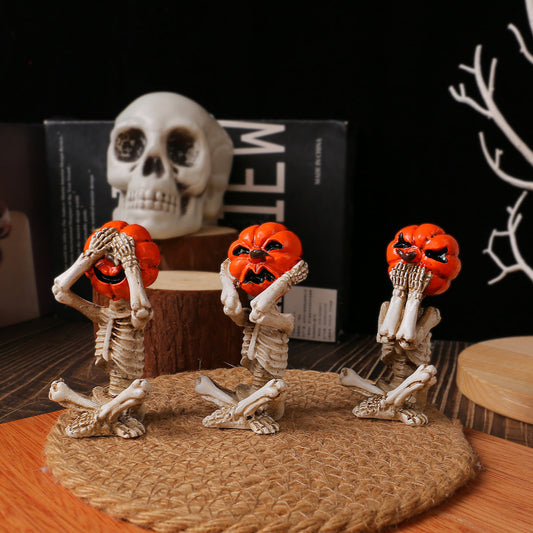 Halloween Dekofiguren Set – Kürbiskopf-Skelette, 3-teilig, Gruselige Tischdekoration für Halloween-Partys