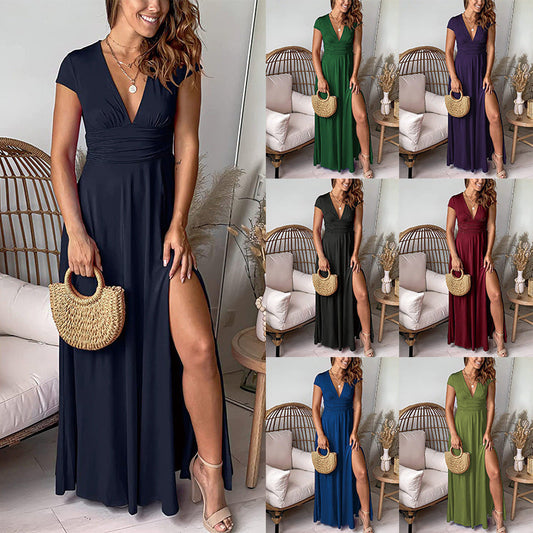 Elegantes Damen-Maxikleid mit Schlitz und V-Ausschnitt – Perfekt für Sommerabende
