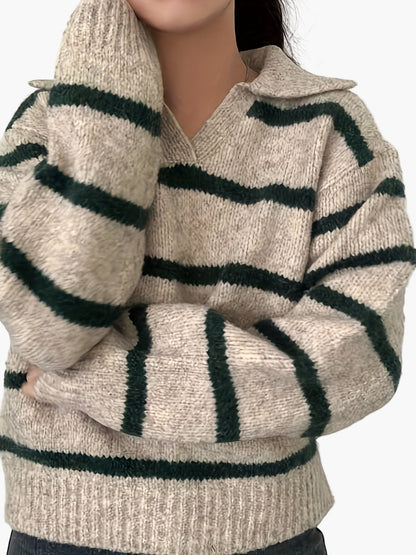 Damen Strickpullover mit Streifenmuster und Polokragen – Eleganter Herbst/Winter Sweater
