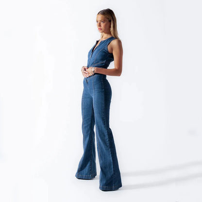 Angela – Herzförmiger Rückenfreier Denim-Jumpsuit mit Retro-Stil