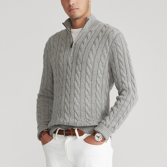 Herren Strickpullover mit Zopfmuster und halbem Reißverschluss – Eleganter Freizeit-Look