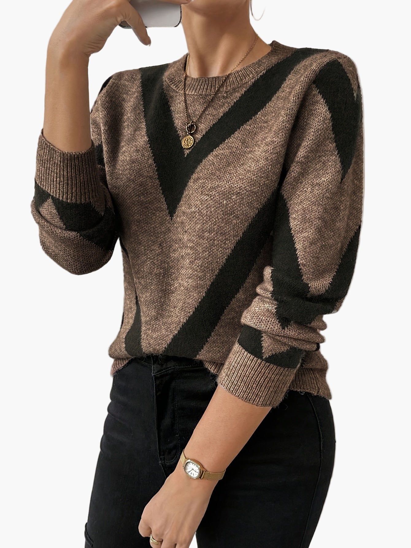 Damen Pullover mit geometrischem Muster, eleganter Strickpullover für Herbst und Winter