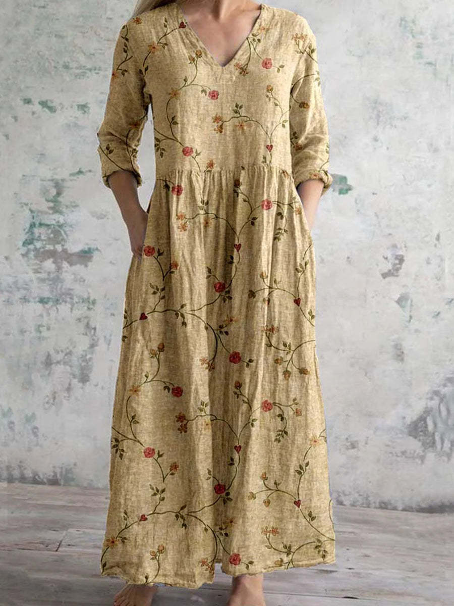 Damen Maxikleid Vintage Stil mit Blumenmuster – Bequemes Freizeitkleid mit Taschen und V-Ausschnitt