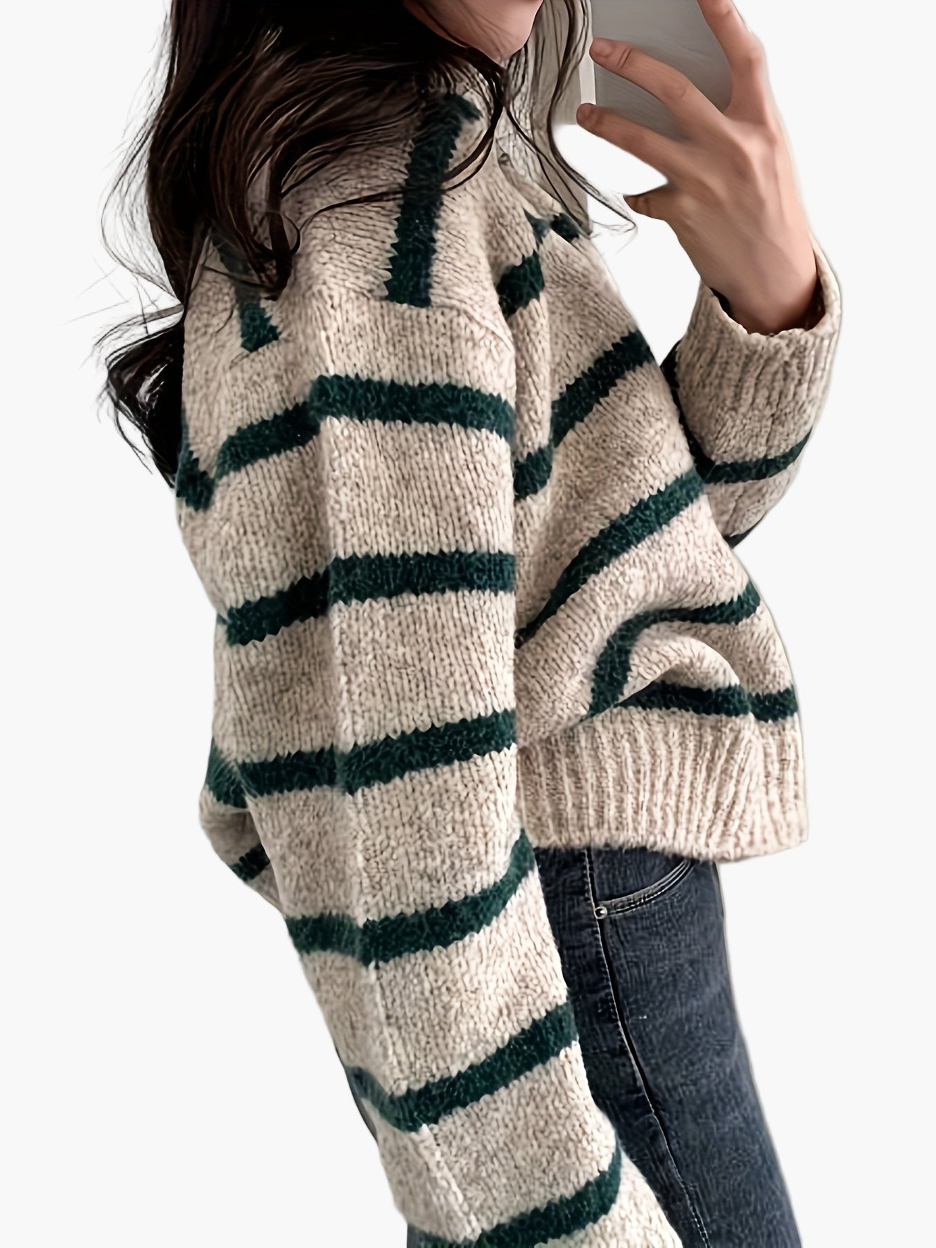 Damen Strickpullover mit Streifenmuster und Polokragen – Eleganter Herbst/Winter Sweater