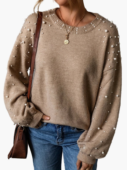 Damen Pullover Elegant Strickpullover mit Perlenbesatz und Rundhalsausschnitt – Modischer Freizeit-Look