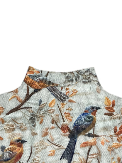 Damen Pullover mit Vogel-Print, Strick, Hoher Kragen, Herbst/Winter Elegant Freizeitmode