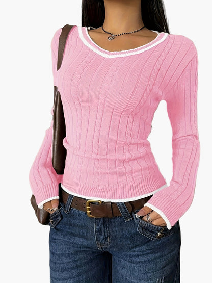 Damen Strickpullover mit V-Ausschnitt und Kontrastkante – Modischer Casual-Look für Alltag und Büro