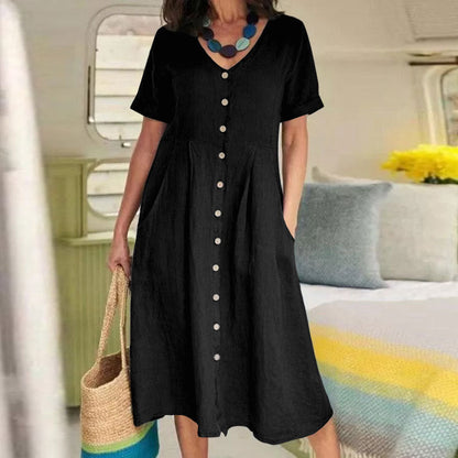 Louise – Lockeres Kleid aus Baumwolle und Leinen mit hohem Bund