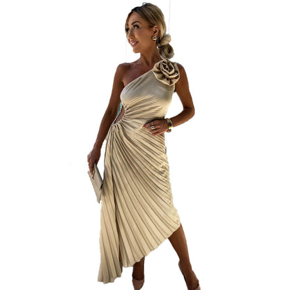 Damen One-Shoulder Plissee Cocktailkleid mit Blumenapplikation – Elegantes Abendkleid für besondere Anlässe