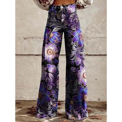 Heather – Bedruckte Damenhose mit weitem Bein aus dünnem veganem Denim
