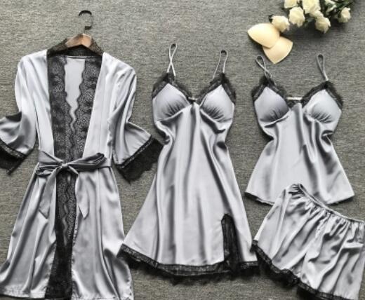 Damen Nachtwäsche Set – Elegantes 5-teiliges Loungewear Ensemble mit Spitzen-Details