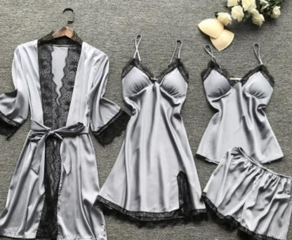 Damen Nachtwäsche Set – Elegantes 5-teiliges Loungewear Ensemble mit Spitzen-Details