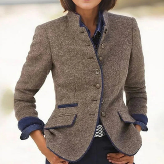 Eleganter Damen Veganwolle Blazer mit Stehkragen und Kontrastdetails – Herbststil