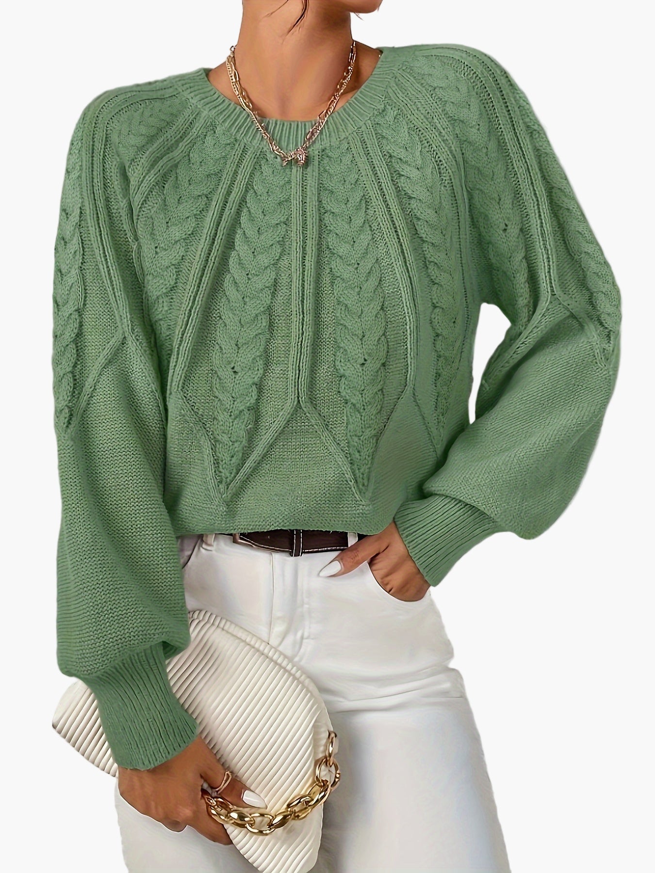 Damen Strickpullover mit Zopfmuster und Rundhalsausschnitt – Eleganter Alltagslook für Frühling & Herbst