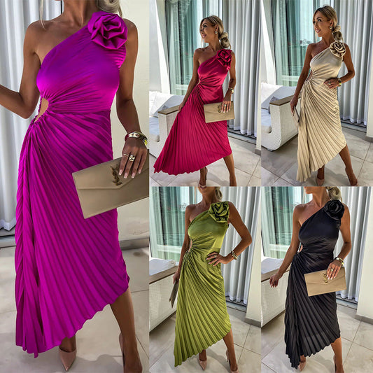 Damen One-Shoulder Plissee Cocktailkleid mit Blumenapplikation – Elegantes Abendkleid für besondere Anlässe