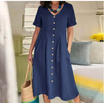 Louise – Lockeres Kleid aus Baumwolle und Leinen mit hohem Bund