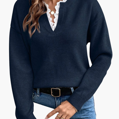 Damen Pullover Elegant mit V-Ausschnitt und Spitzenbesatz – Lockerer Strickpullover für Herbst und Winter