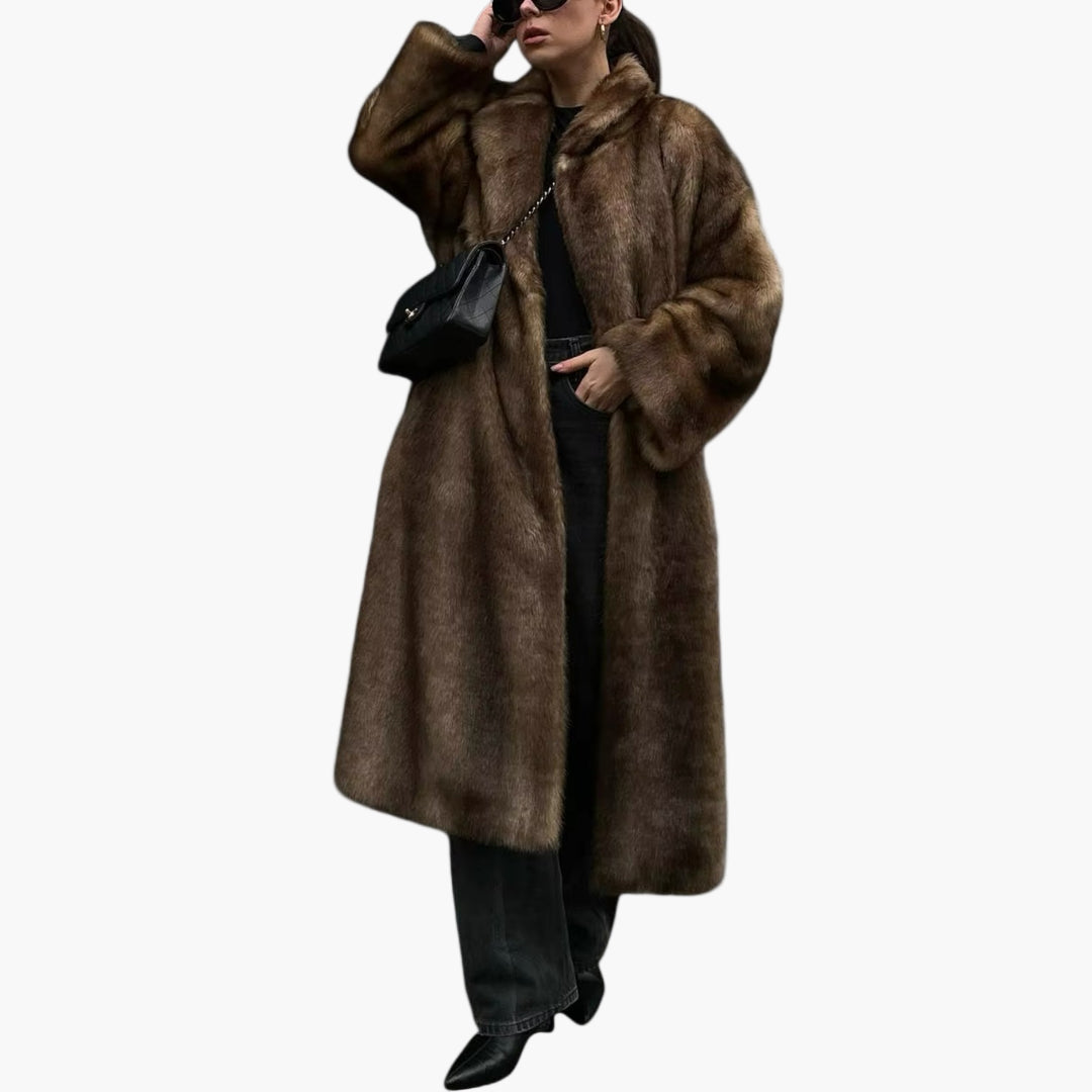 Damen Langer Kunstfell Trenchcoat – Eleganter Wintermantel im klassischen Stil für stilbewusste Frauen