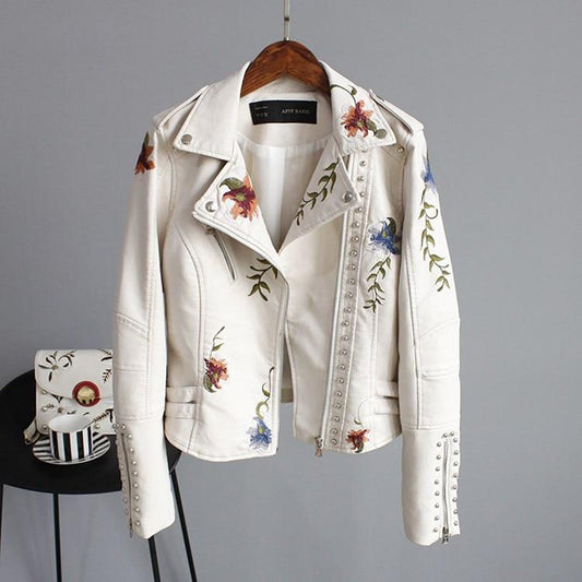 Damen Bikerjacke mit floraler Stickerei – Modisches Statement für Alltag und Abend