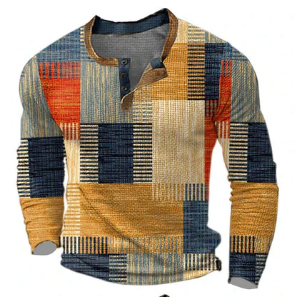 Herren Patchwork Henley Langarmshirt – Modernes Freizeitshirt für Herbst und Winter