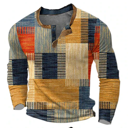 Herren Patchwork Henley Langarmshirt – Modernes Freizeitshirt für Herbst und Winter