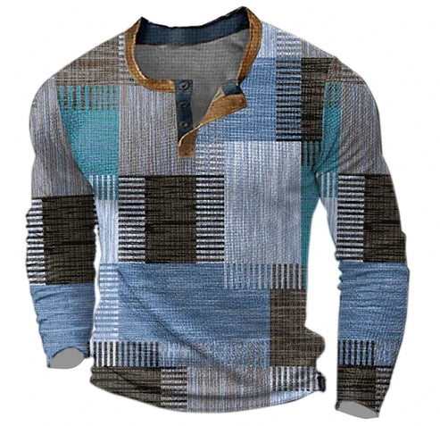 Herren Patchwork Henley Langarmshirt – Modernes Freizeitshirt für Herbst und Winter