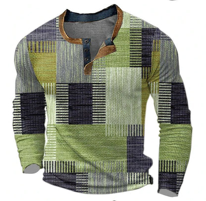 Herren Patchwork Henley Langarmshirt – Modernes Freizeitshirt für Herbst und Winter