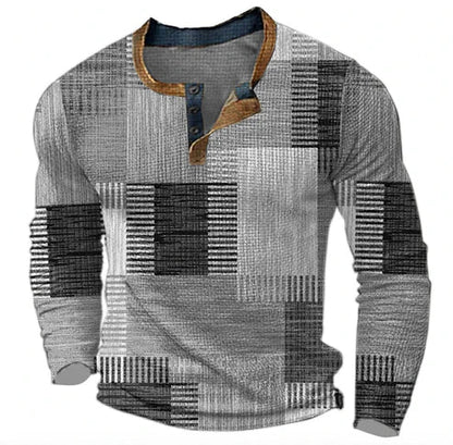 Herren Patchwork Henley Langarmshirt – Modernes Freizeitshirt für Herbst und Winter