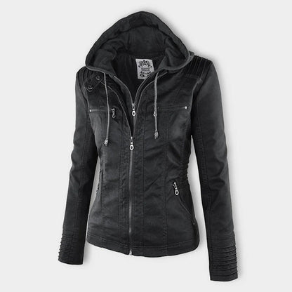 Damen veganem Lederjacke mit Kapuze – Modische Übergangsjacke für Alltag und Freizeit