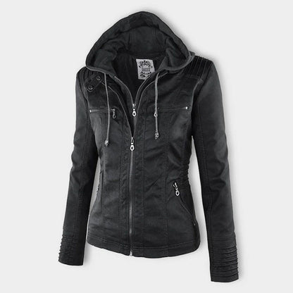 Damen Herbstjacke – Modische Lederjacke mit Kapuze und Reißverschluss, vielseitig & elegant für Alltag und Freizeit