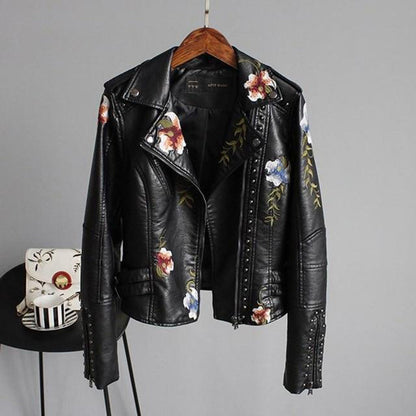 Damen Bikerjacke mit floraler Stickerei – Modisches Statement für Alltag und Abend