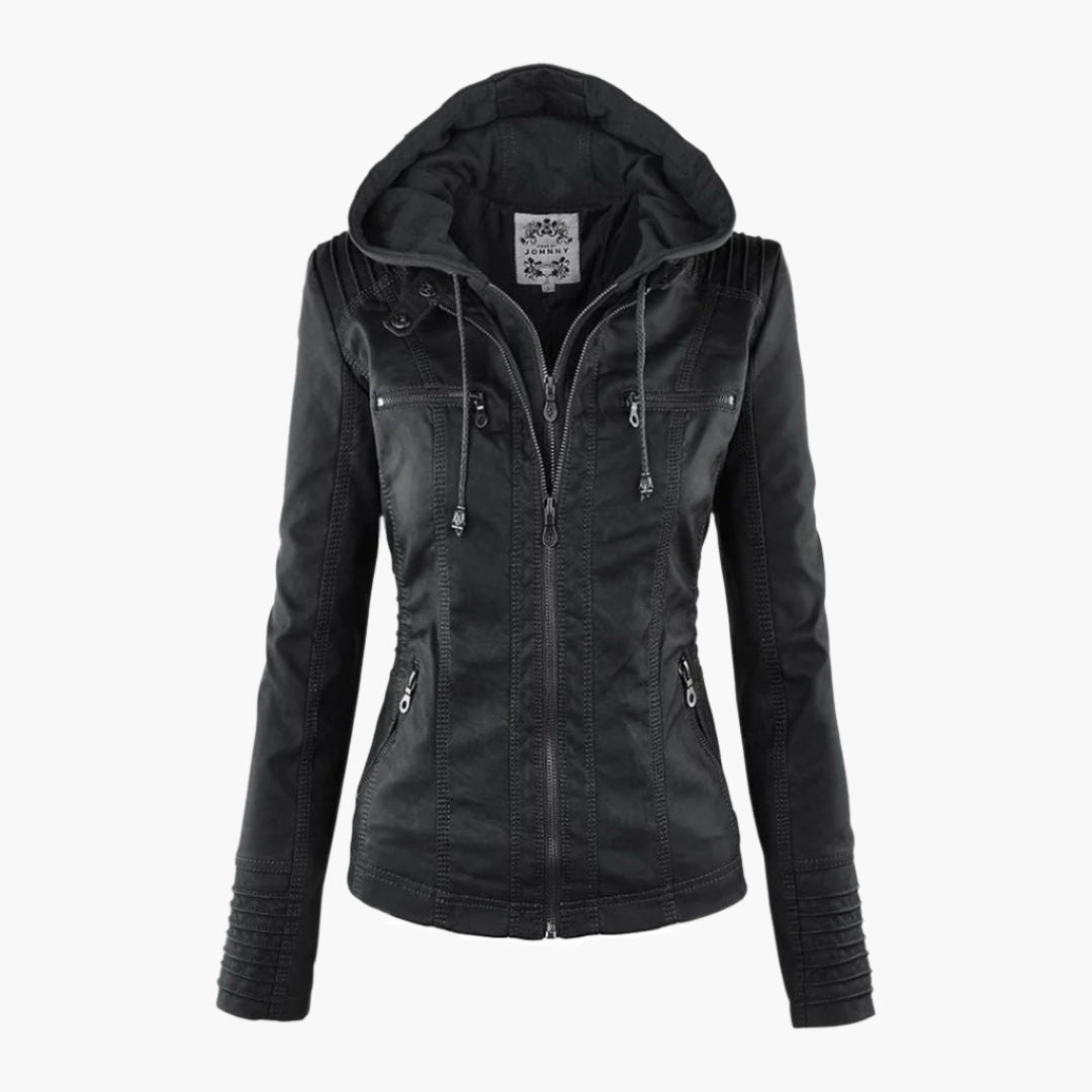 Damen Herbstjacke – Modische Lederjacke mit Kapuze und Reißverschluss, vielseitig & elegant für Alltag und Freizeit