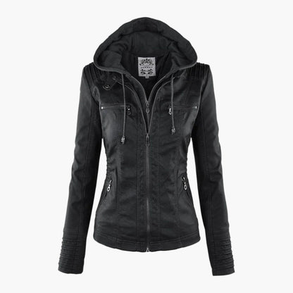 Damen Herbstjacke – Modische Lederjacke mit Kapuze und Reißverschluss, vielseitig & elegant für Alltag und Freizeit