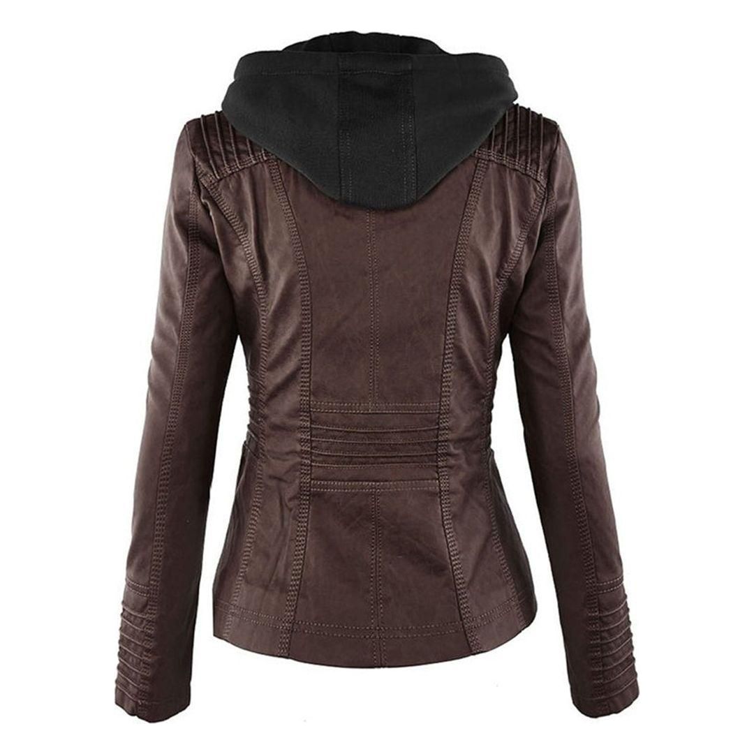 Damen Herbstjacke – Modische Lederjacke mit Kapuze und Reißverschluss, vielseitig & elegant für Alltag und Freizeit