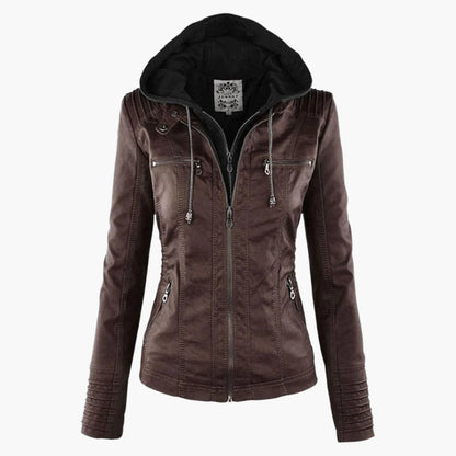 Damen Herbstjacke – Modische Lederjacke mit Kapuze und Reißverschluss, vielseitig & elegant für Alltag und Freizeit