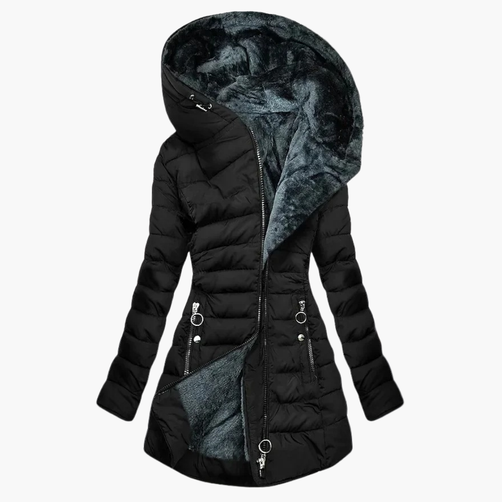 Damen Winter Steppmantel mit Plüschfutter – Eleganter langer Outdoor-Mantel für kalte Tage