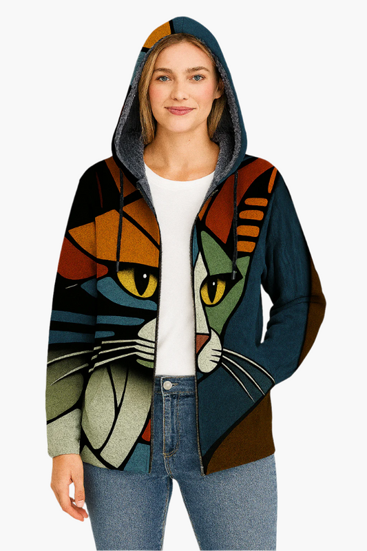 Damen Kunstvolle Hoodie-Jacke mit Katzenmotiv – Modischer Freizeit-Look