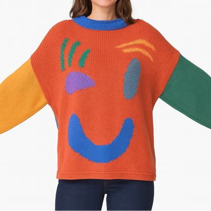 Damen Strickpullover mit abstraktem Gesicht, gemütlicher Freizeit-Stil – Perfekt für entspannte Tage