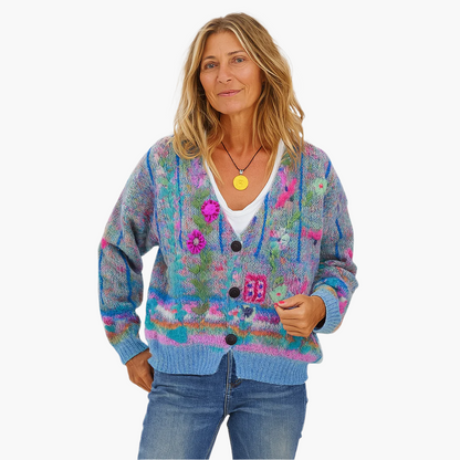 Damen Strickjacke im Boho-Stil – Farbige, lässige Cardigan mit Blumenmuster für Alltag und Freizeit