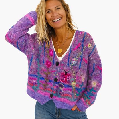 Damen Strickjacke im Boho-Stil – Farbige, lässige Cardigan mit Blumenmuster für Alltag und Freizeit