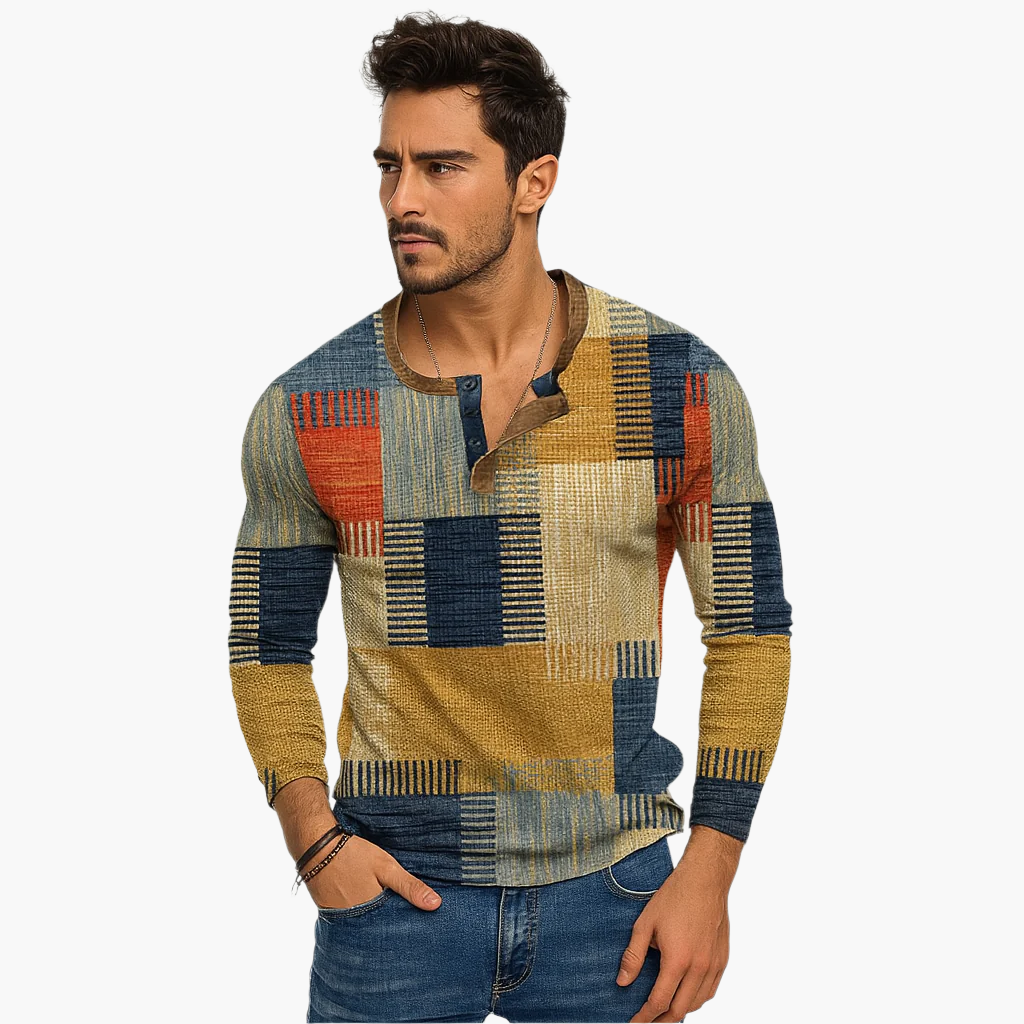Herren Patchwork Henley Langarmshirt – Modernes Freizeitshirt für Herbst und Winter