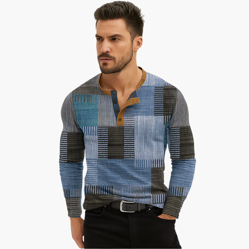 Herren Patchwork Henley Langarmshirt – Modernes Freizeitshirt für Herbst und Winter