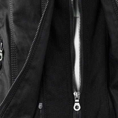 Damen Herbstjacke – Modische Lederjacke mit Kapuze und Reißverschluss, vielseitig & elegant für Alltag und Freizeit