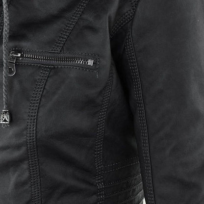 Damen Herbstjacke – Modische Lederjacke mit Kapuze und Reißverschluss, vielseitig & elegant für Alltag und Freizeit