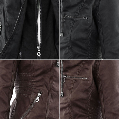 Damen Herbstjacke – Modische Lederjacke mit Kapuze und Reißverschluss, vielseitig & elegant für Alltag und Freizeit