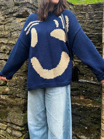 Damen Strickpullover mit abstraktem Gesicht, gemütlicher Freizeit-Stil – Perfekt für entspannte Tage