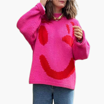 Damen Strickpullover mit abstraktem Gesicht, gemütlicher Freizeit-Stil – Perfekt für entspannte Tage