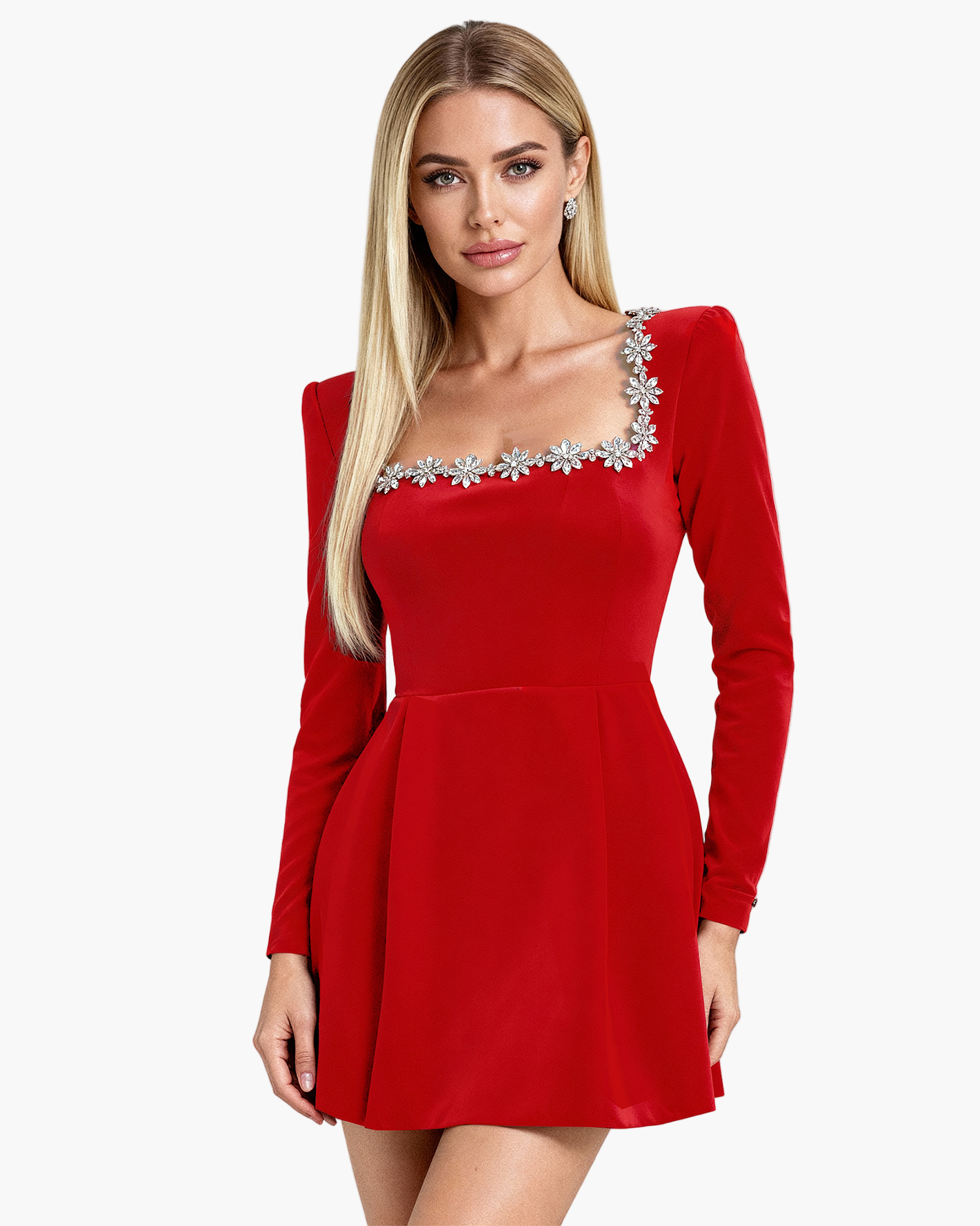 Damen Samt Partykleid mit Kristallverzierungen und langem Arm – Eleganter Festtags-Look für besondere Anlässe