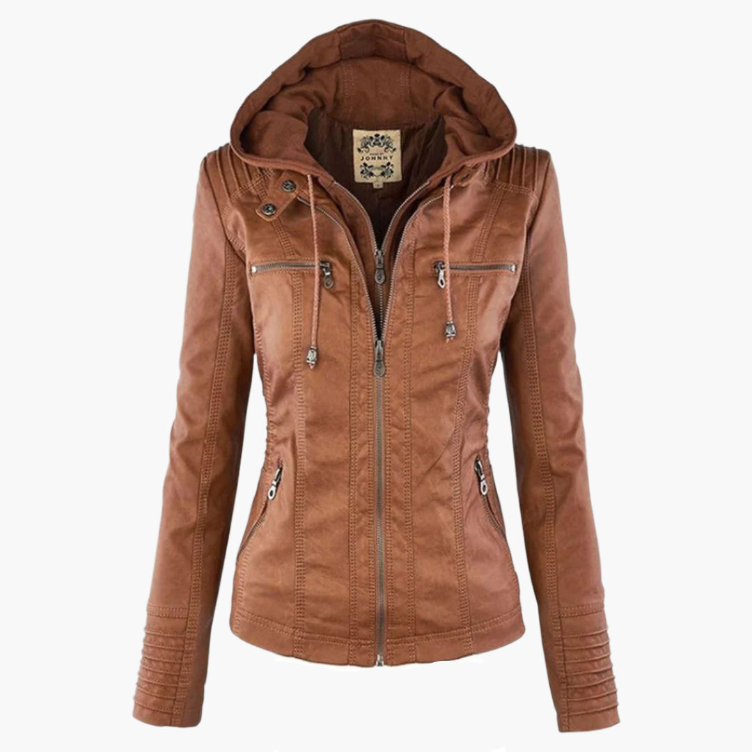 Damen Herbstjacke – Modische Lederjacke mit Kapuze und Reißverschluss, vielseitig & elegant für Alltag und Freizeit